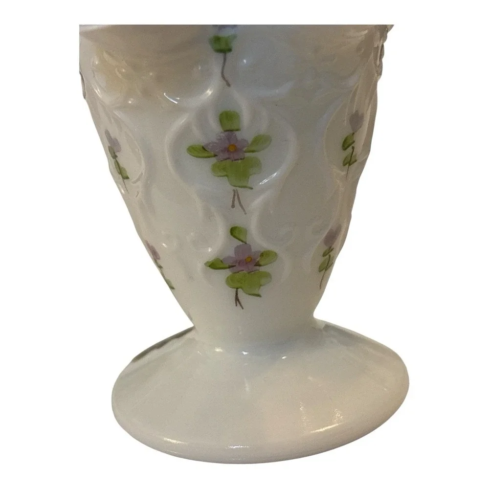 Fenton Milk Glass Violets hand paint Spanish Lace Silver Crest Ruffled Vase 4